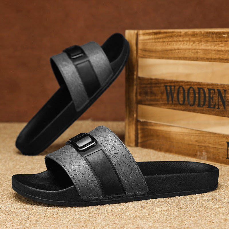 Textured Buckle Slide Sandals