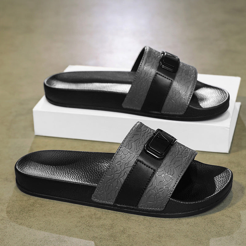 Textured Buckle Slide Sandals