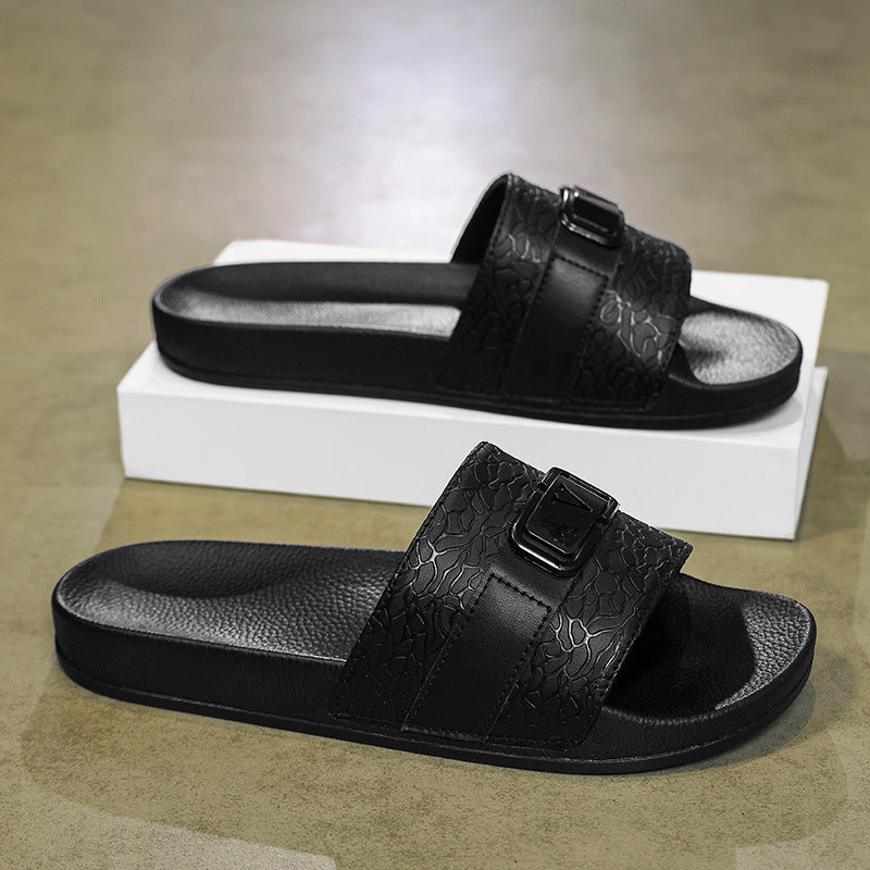 Textured Buckle Slide Sandals